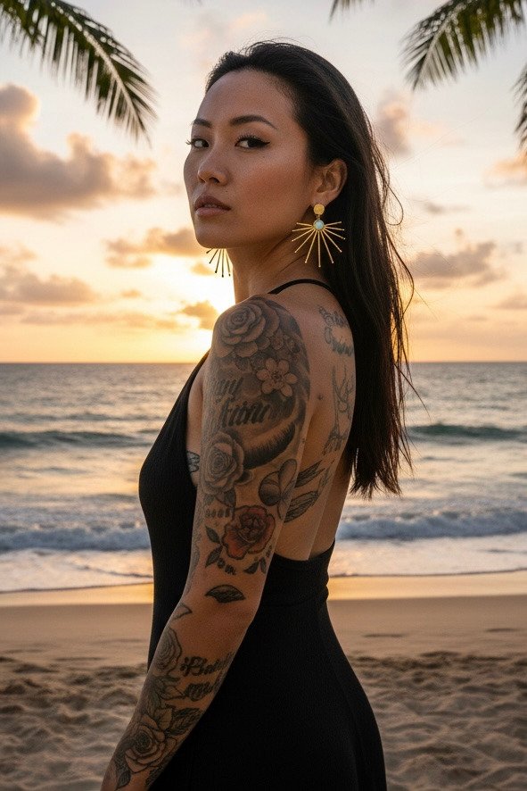Sofi Jewelry sun-inspired earrings worn at sunset by the ocean