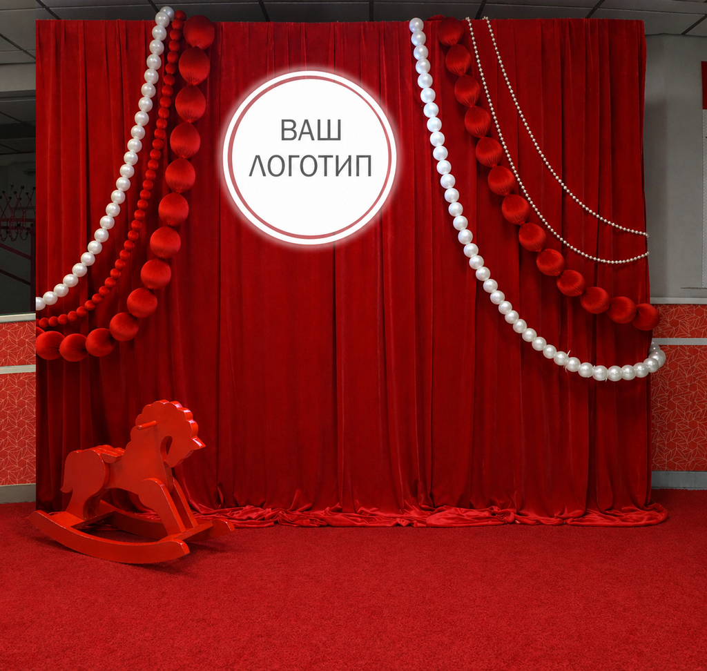 Фотозона в стиле А-ля рус: красный бархатный фон с драпировкой, крупные бусы и декоративная лошадка