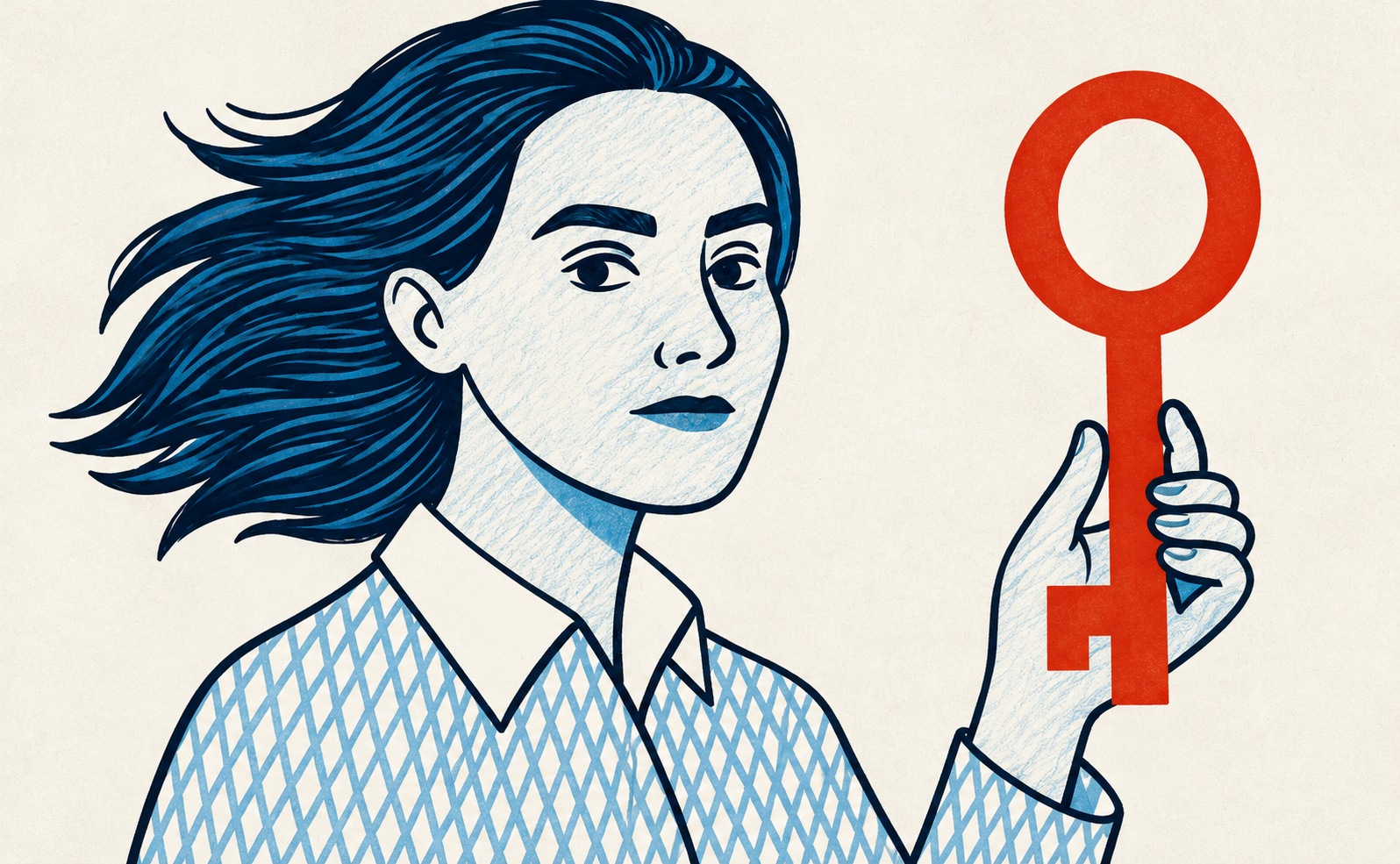 Illustration: a woman holding a red key