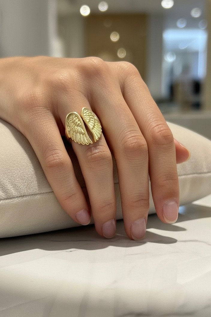 Gold wing ring worn on a hand