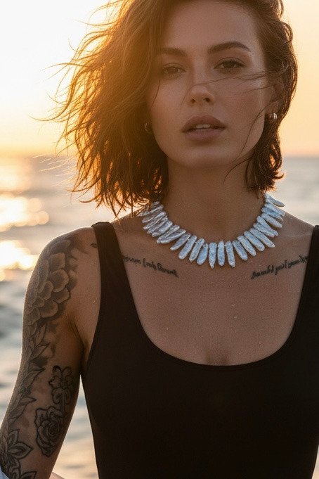Statement pearl necklace worn at sunset