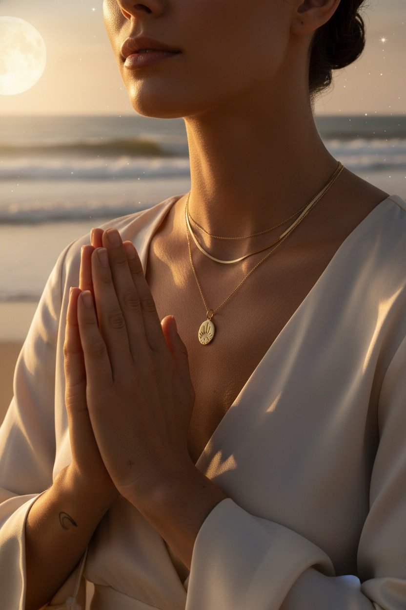 Layered gold chains worn at the beach